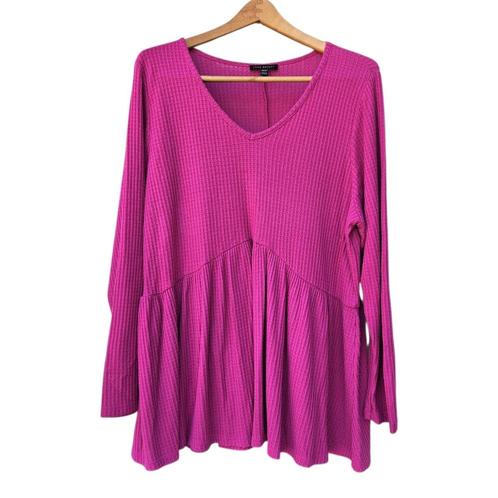 Lane Bryant Hot Pink Waffle Knit V-Neck Peplum Babydoll Blouse Top Size 18/20